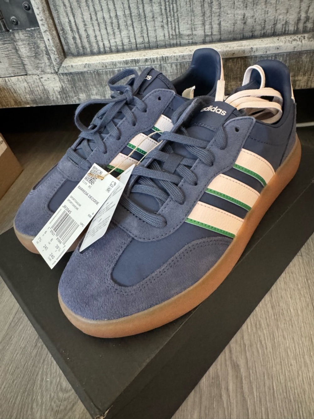 adidas Navy Suede Sneakers with White and Green Stripes